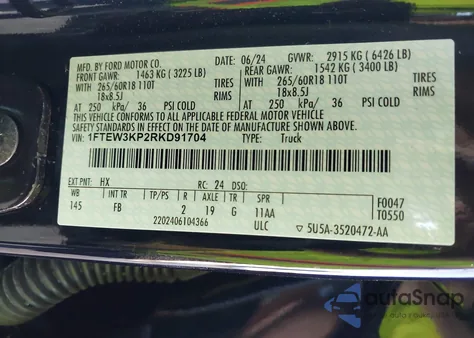 2024 Ford F-150 Xlt из США, поврежденный, VIN 1FTEW3KP2RKD91704